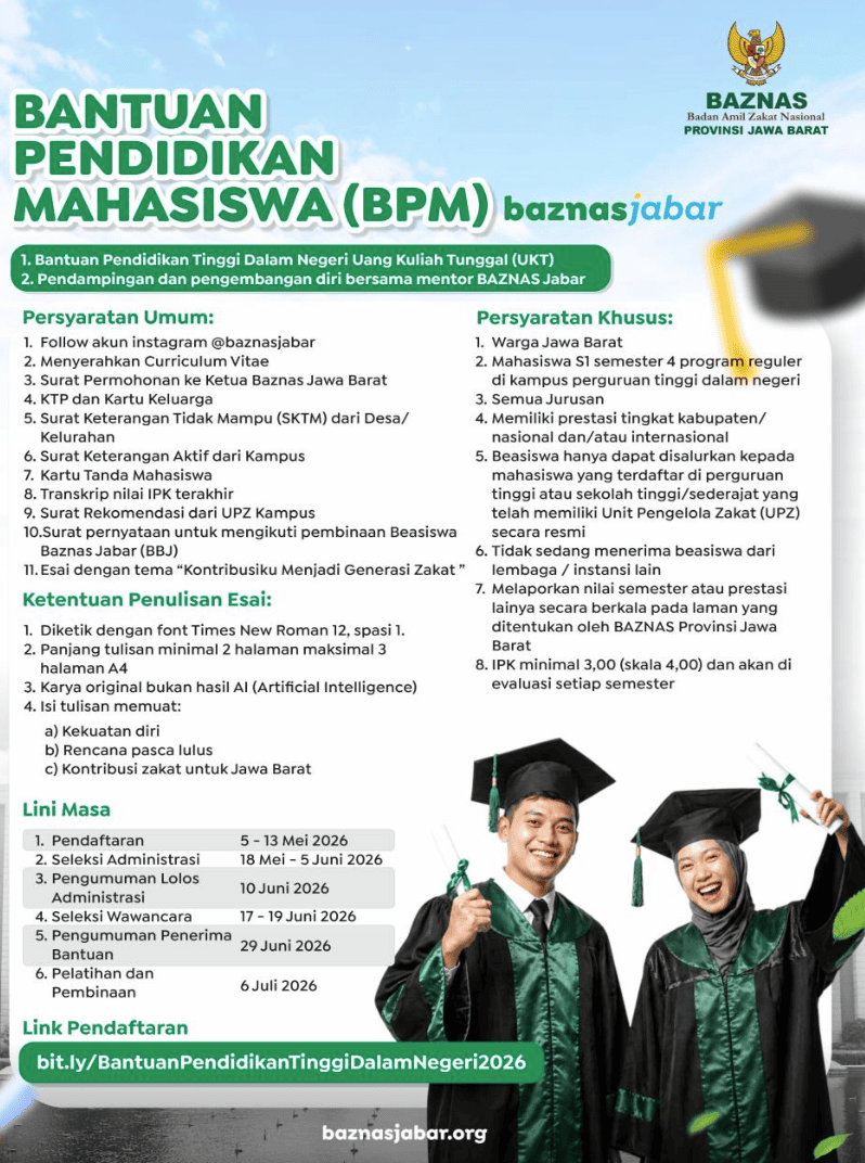 Bantuan Pendidikan Mahasiswa (BPM) 2026 – Baznaz Jabar